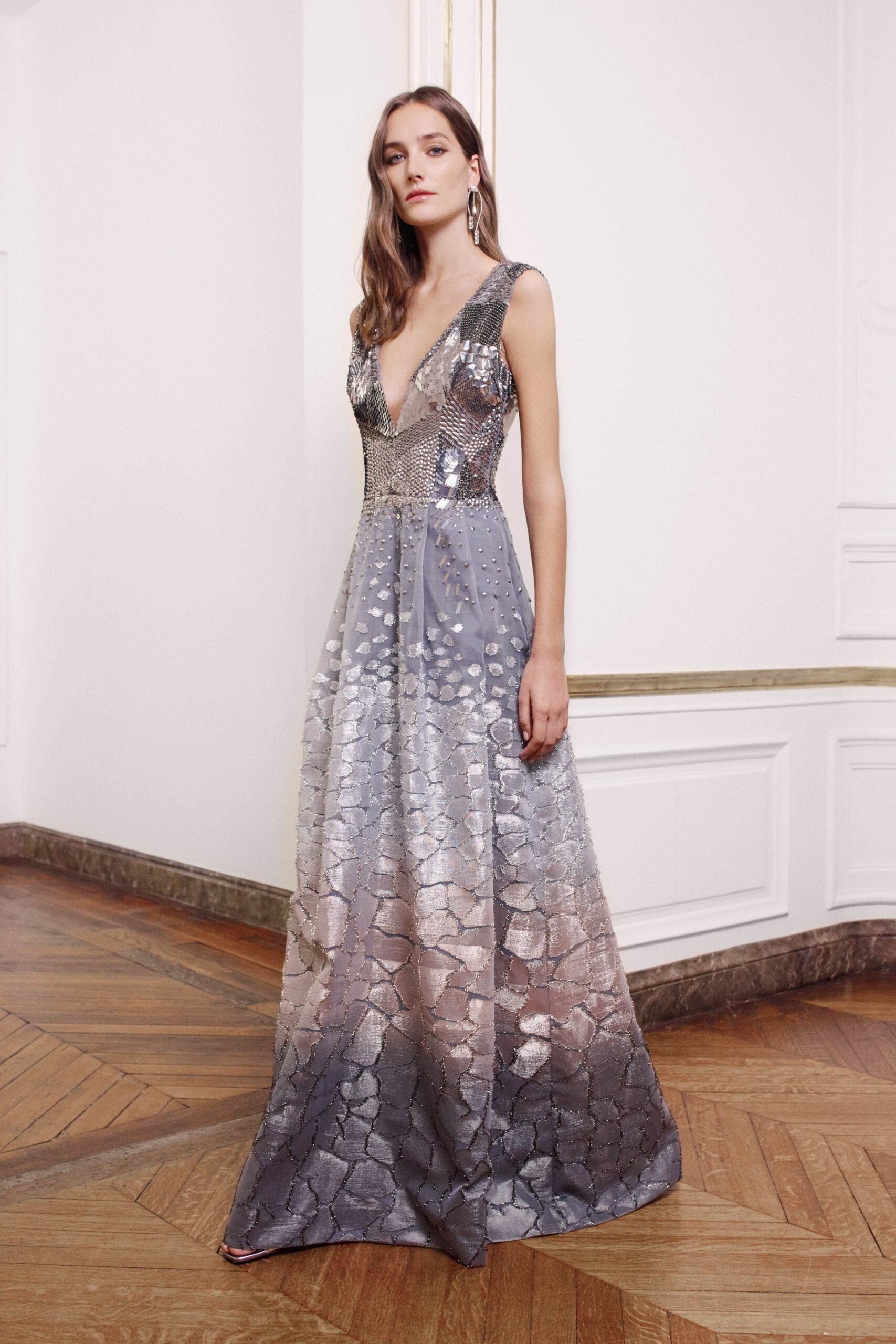 gray sequin sleeveless gown