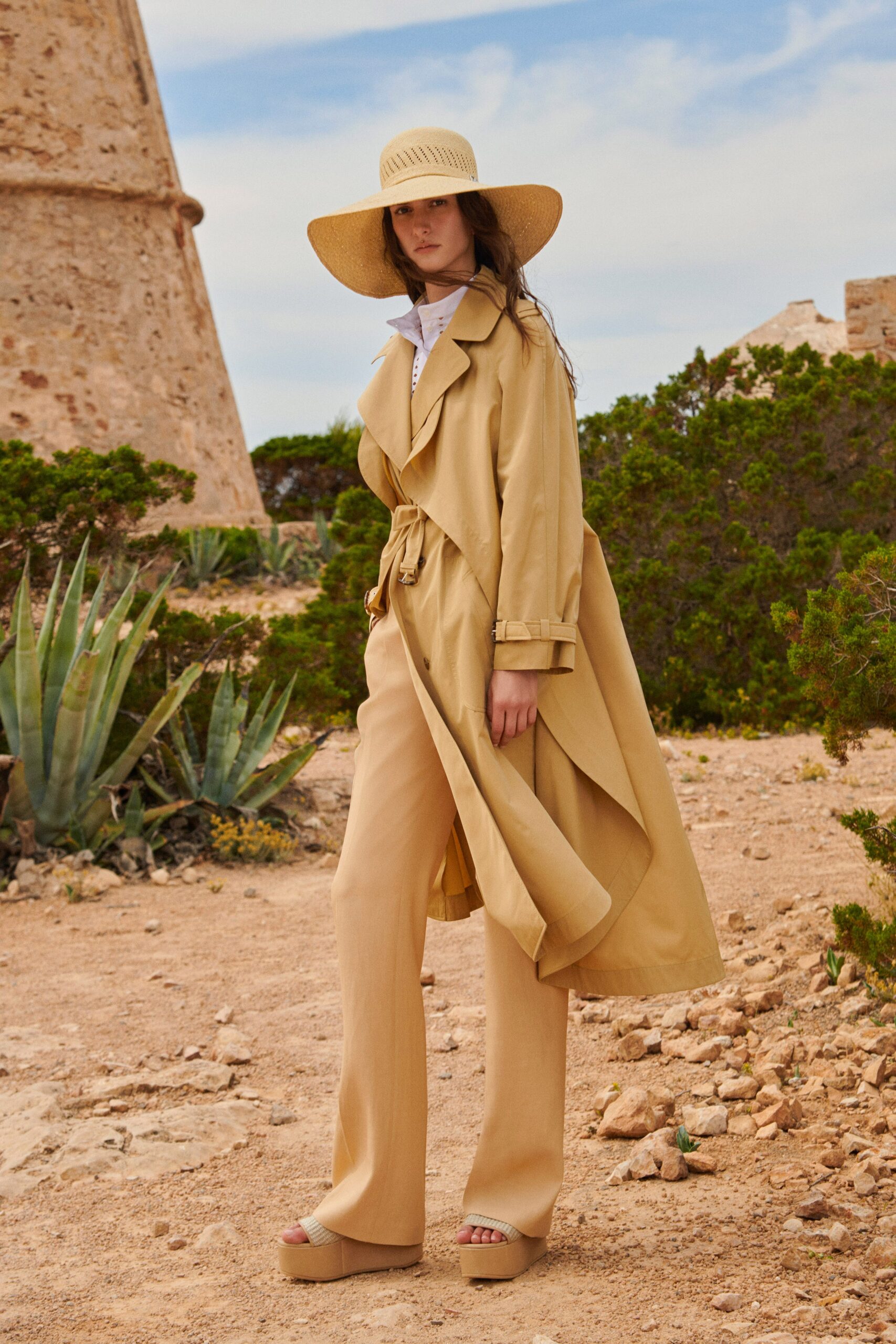 beige cotton long-sleeve collared relaxed belted draped trench