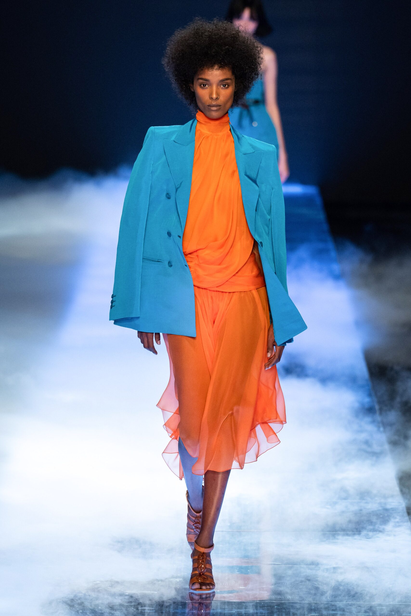 blue blazer with orange dress