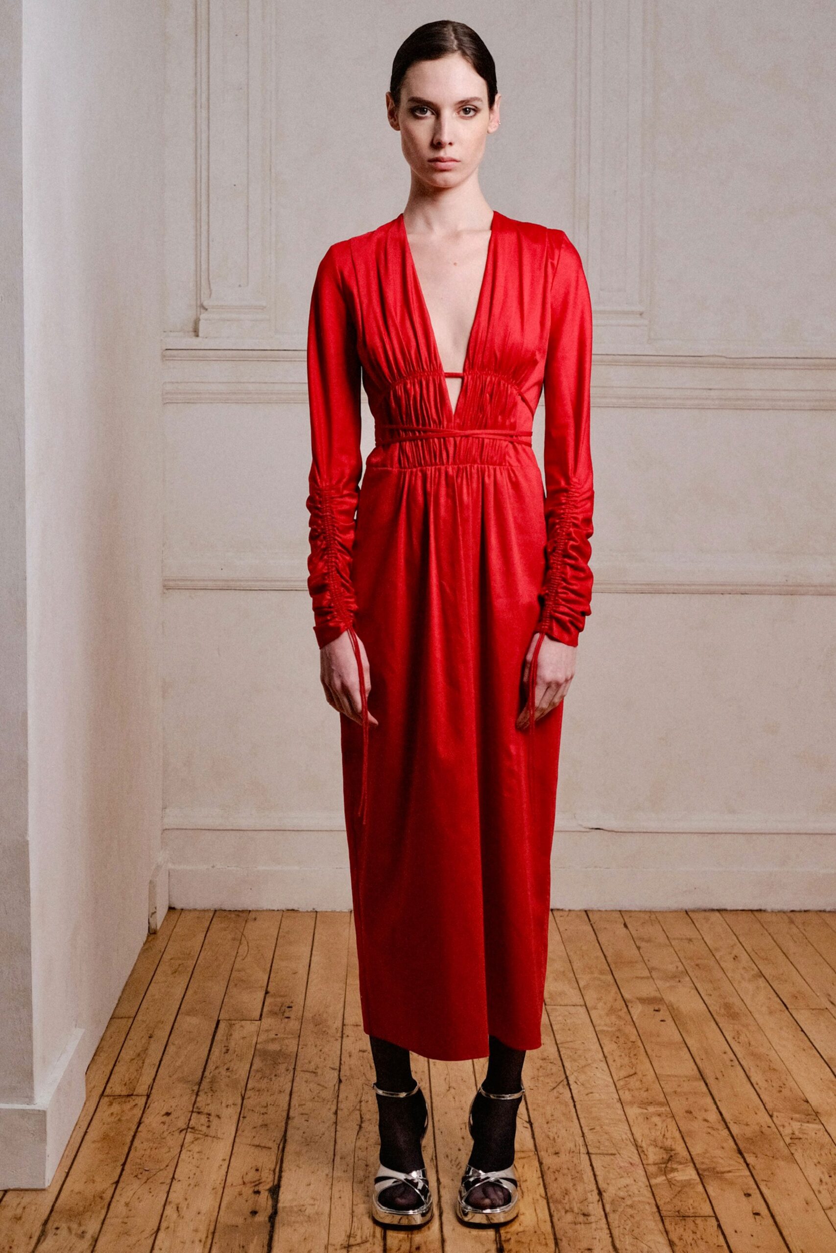 fitted red silk midi dress
