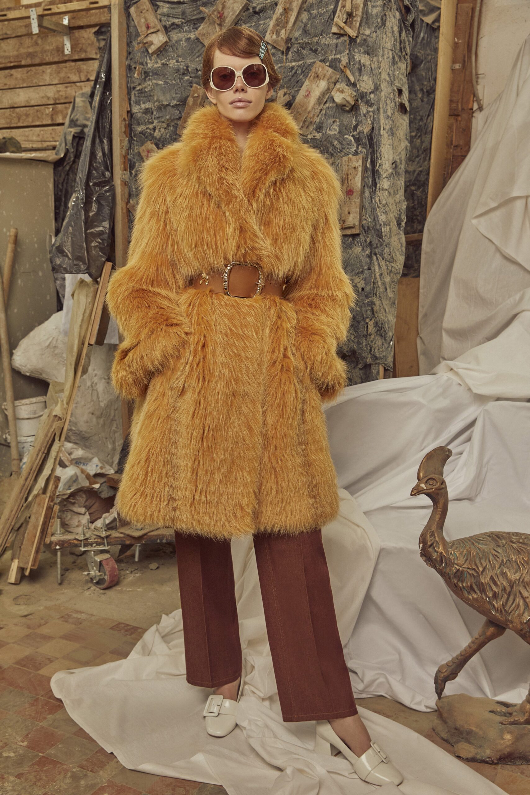orange faux-fur long-sleeve collared relaxed belted coat