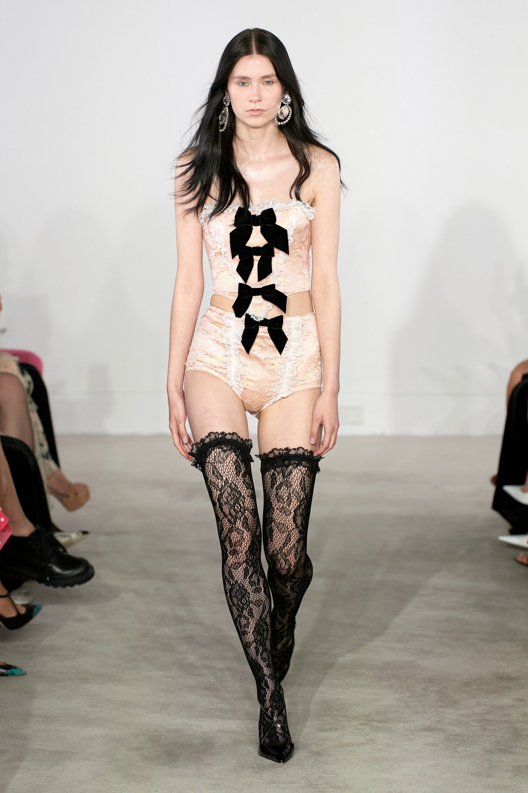 pink lace bikini with black stockings