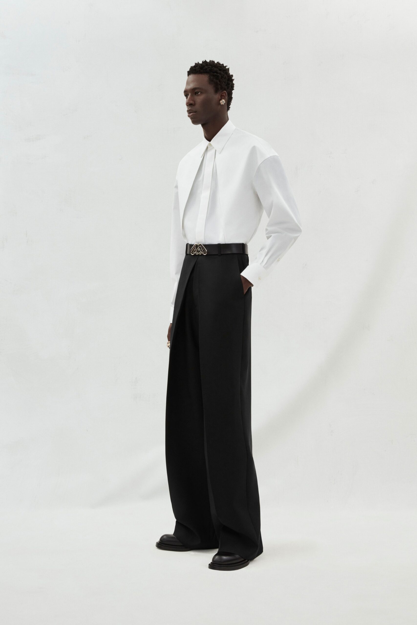 white shirt black wide-leg pants