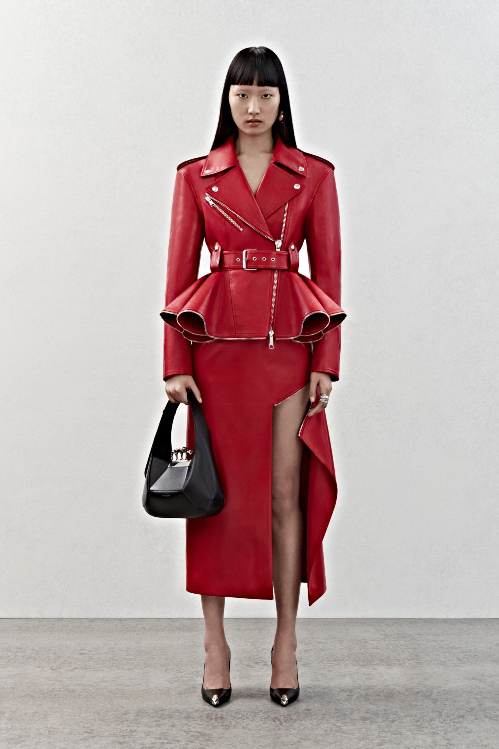 red leather long-sleeve v-neck fitted flared midi dress