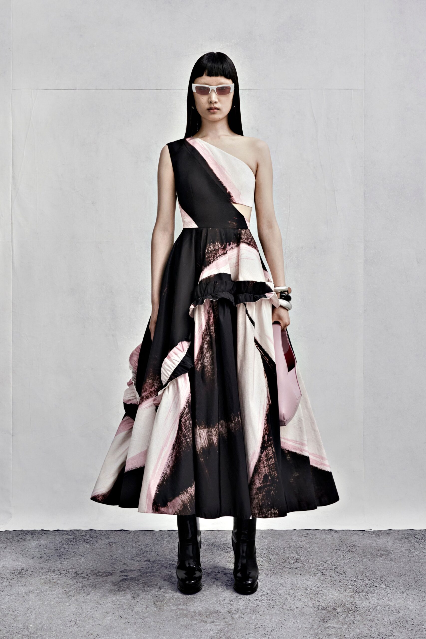 black and white asymmetric midi dress