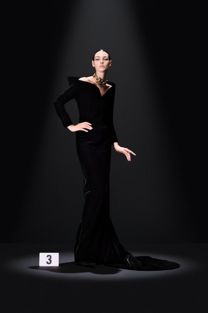 fitted black velvet gown