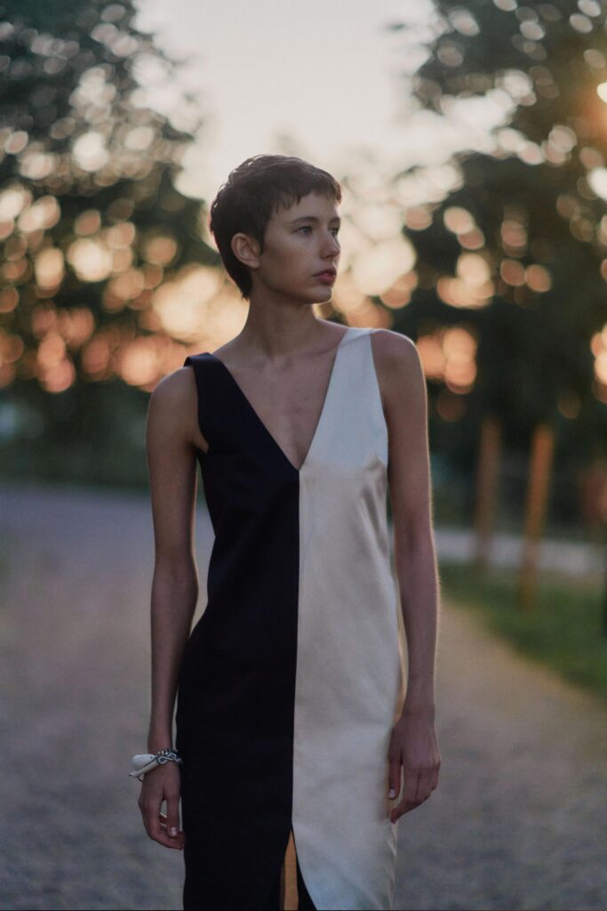 A fitted asymmetric silk dress featuring a sleeveless design and a V-neckline.