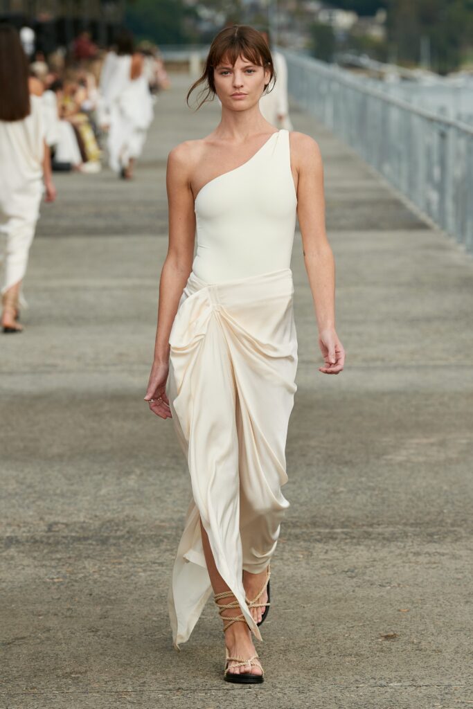 beige silk one-shoulder dress