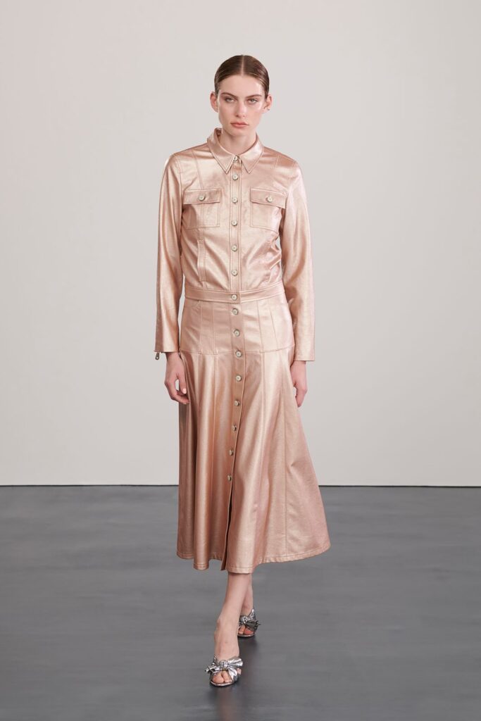 A fitted pink silk dress with long sleeves, a collared neckline, and buttoned tiered design.