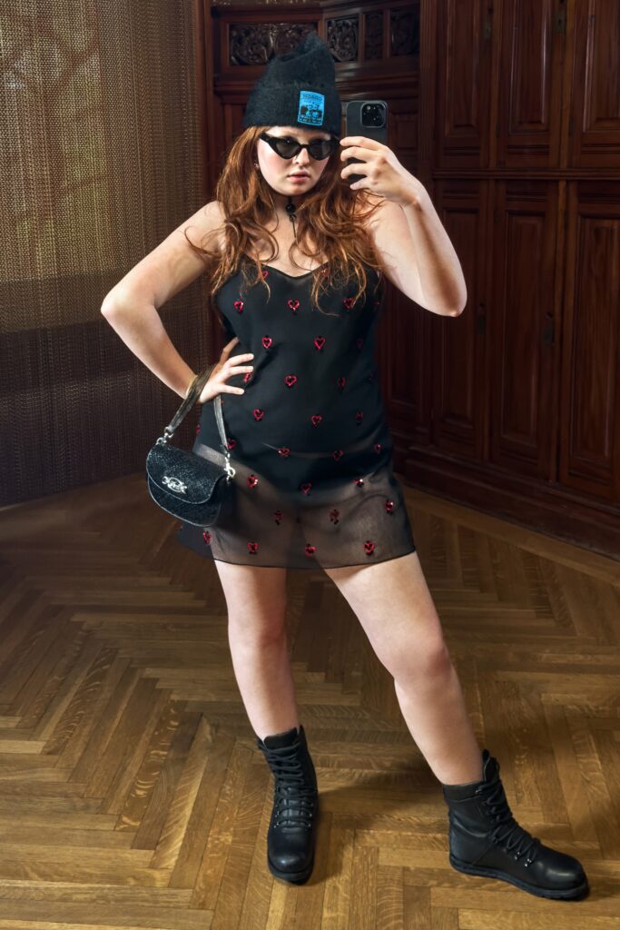 A fitted black sheer sleeveless dress with a V-neckline and embroidered details.