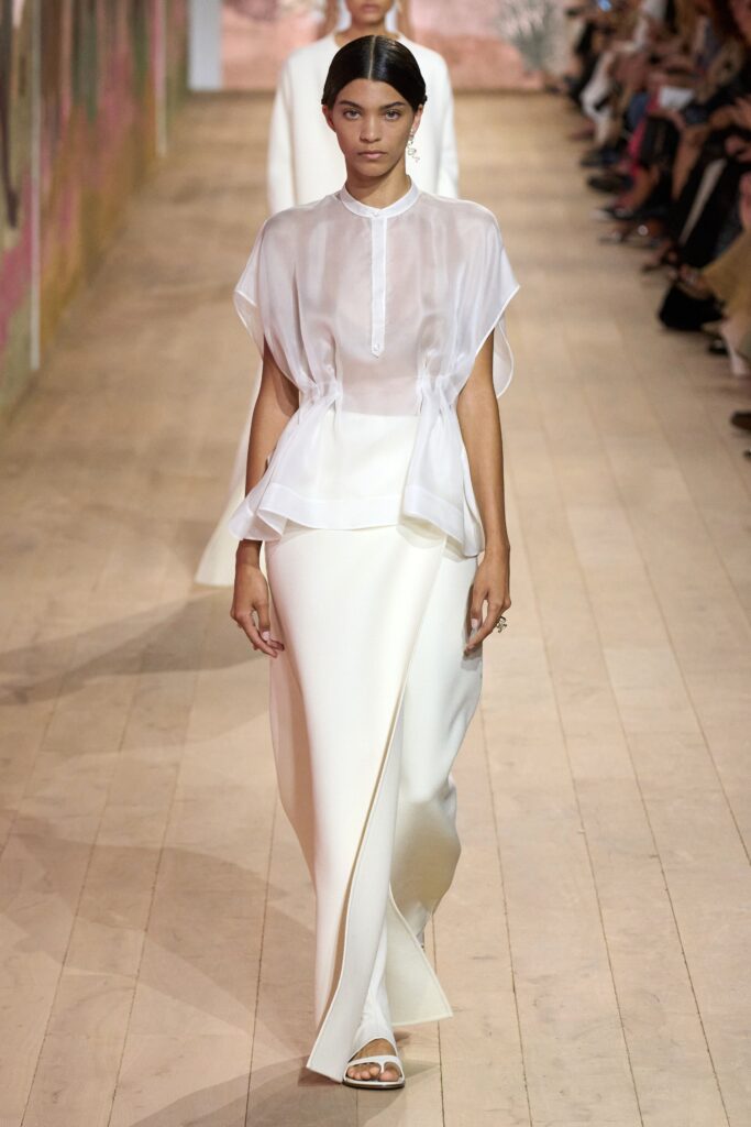 white silk top and skirt
