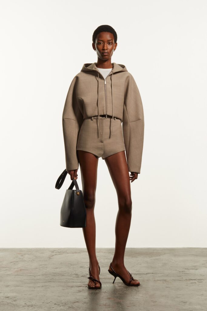 beige oversized hoodie and shorts