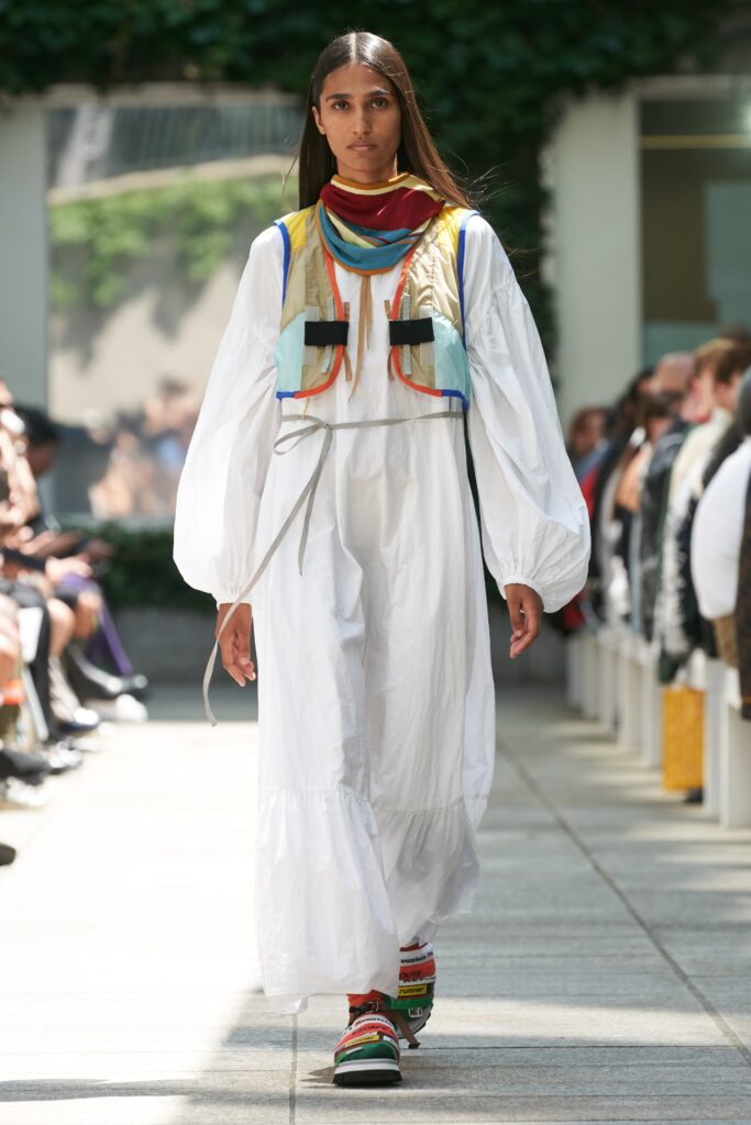 white relaxed midi dress with multi vest