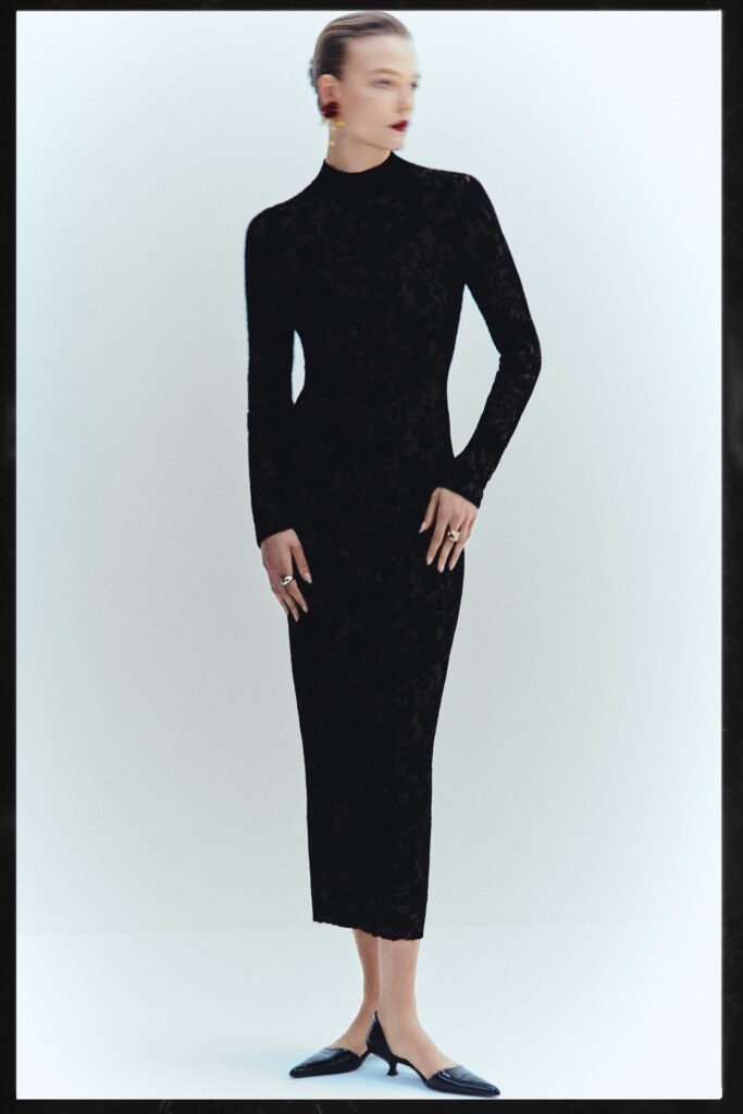 A fitted black lace dress with long sleeves and a high neckline in a pencil silhouette.