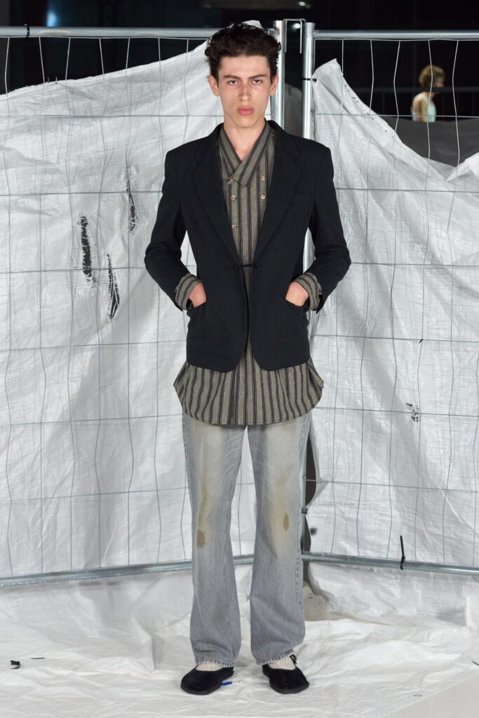 black blazer gray striped shirt