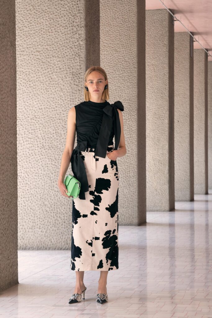 black silk fitted top with midi skirt