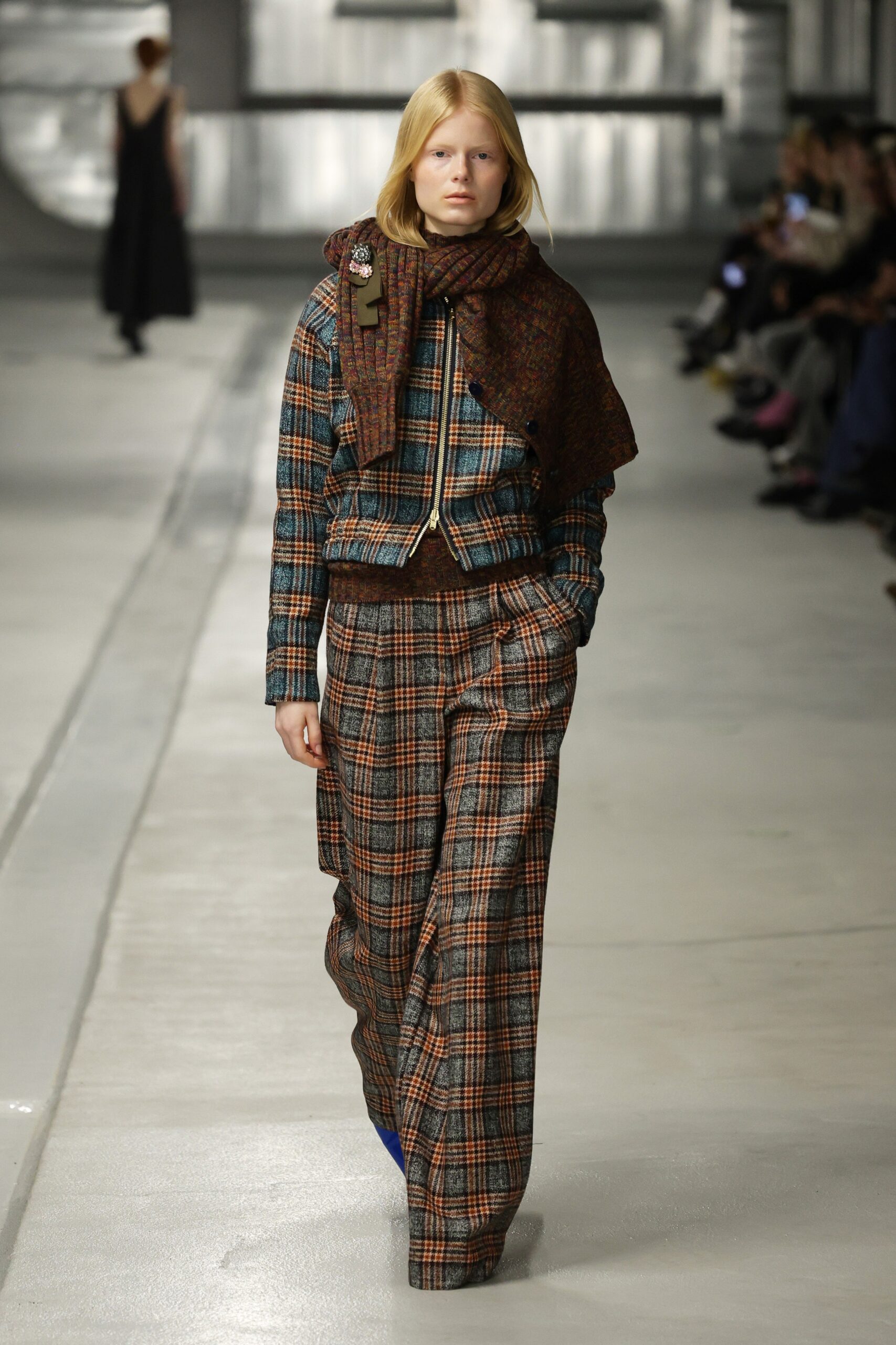 checked jacket and wide-leg pants