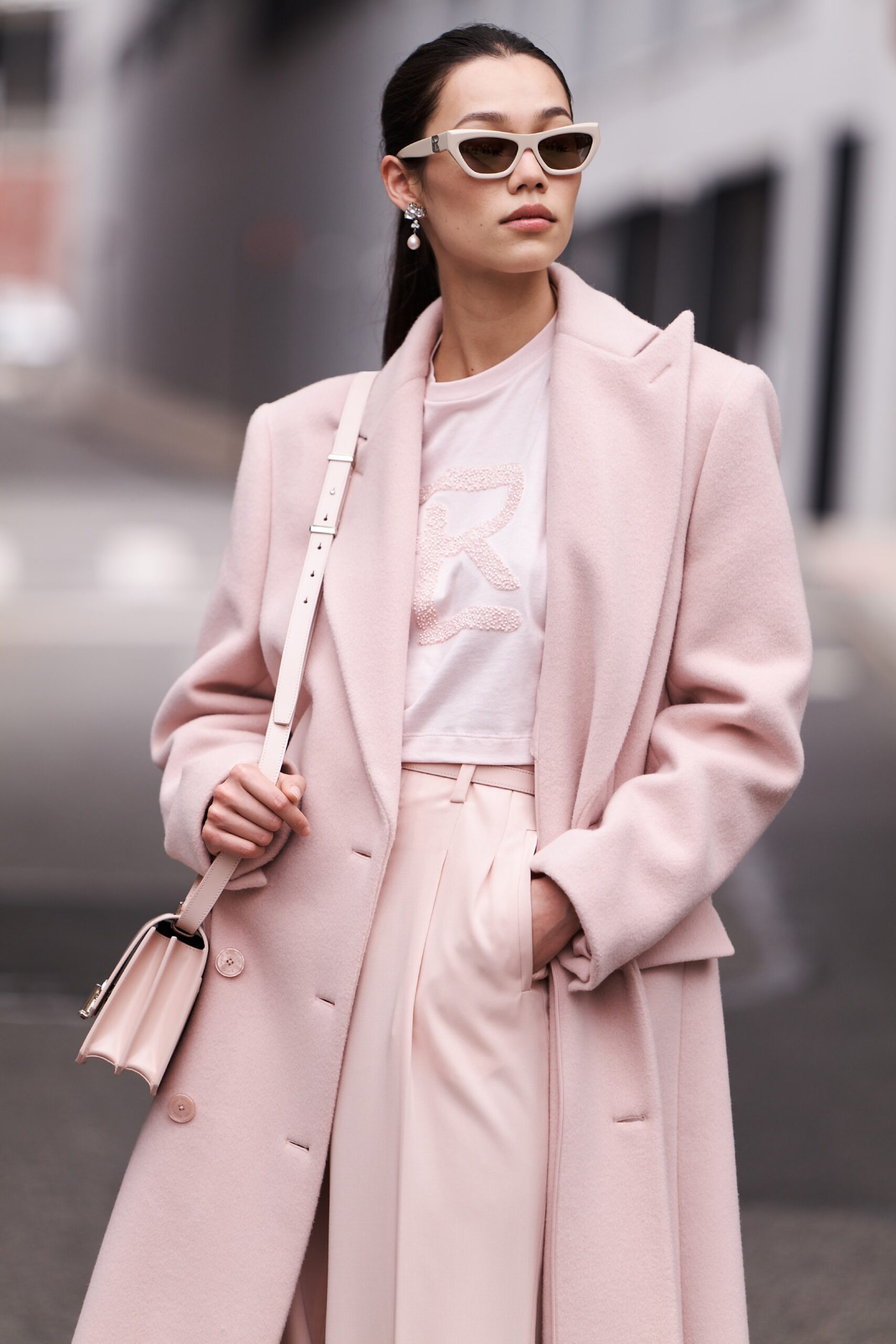 pink oversized coat with tailored pants