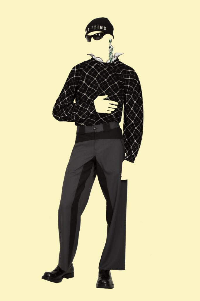 A fitted black checked long-sleeve shirt paired with gray fitted pants.