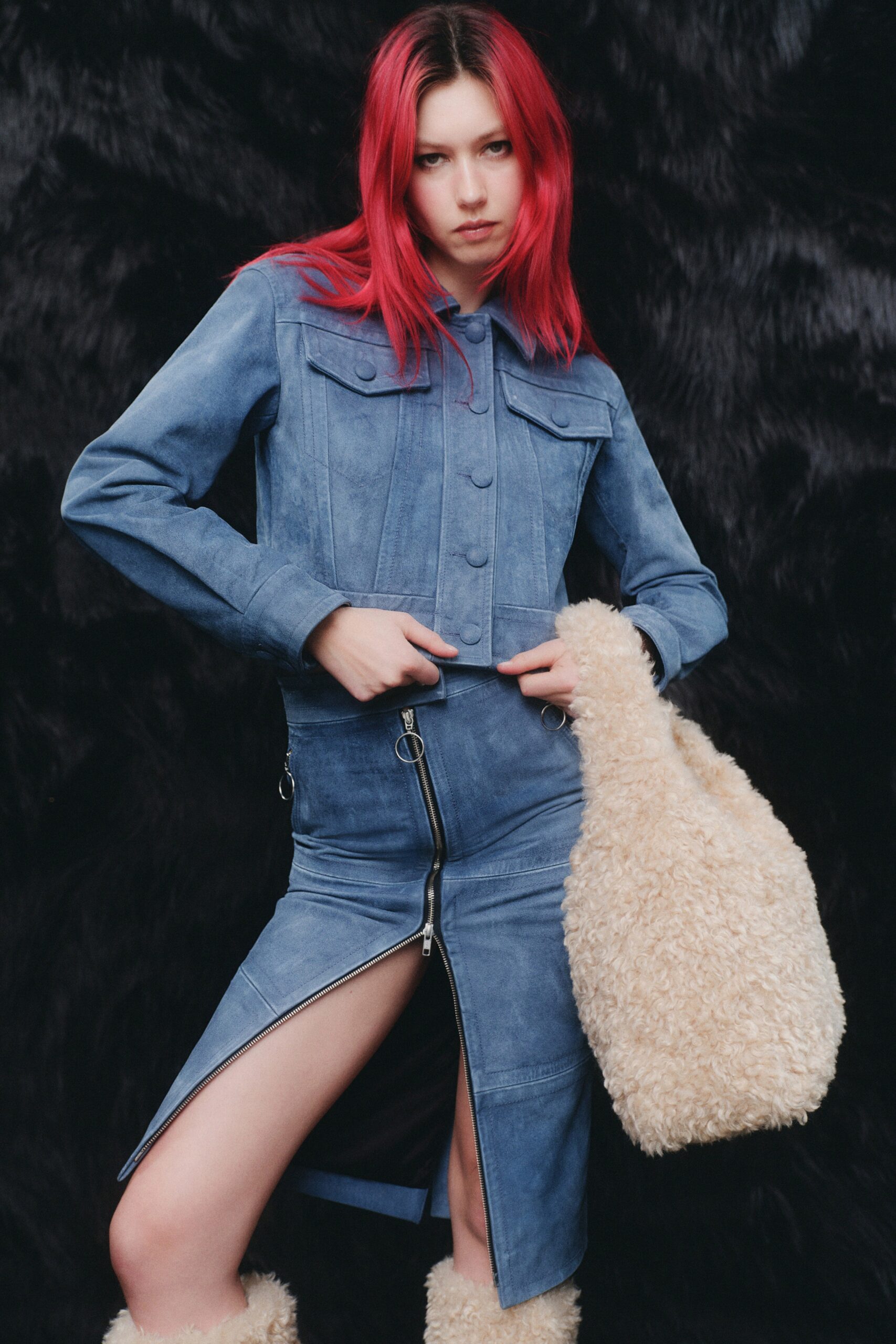 blue suede fitted jacket and skirt