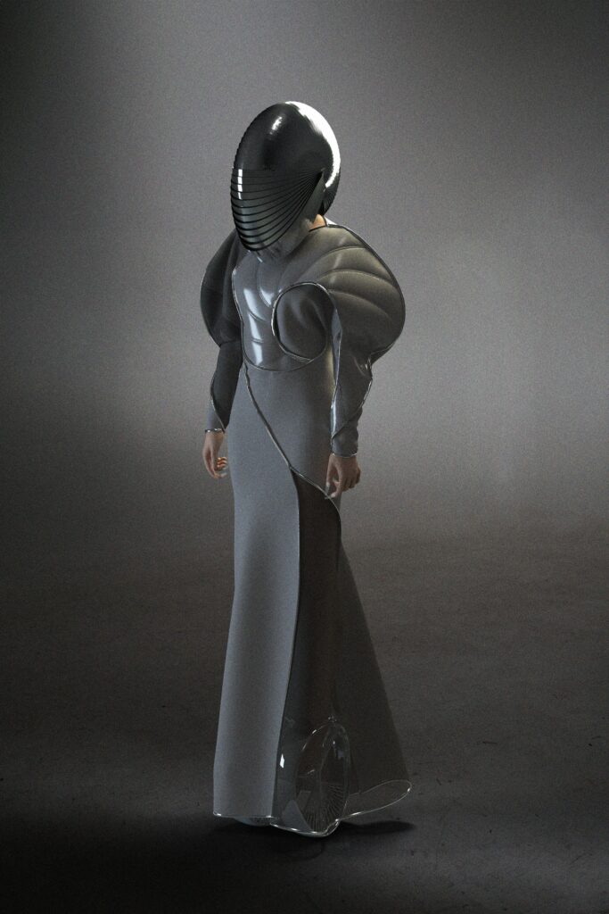 A fitted gray silk gown with long sleeves and an asymmetric design.