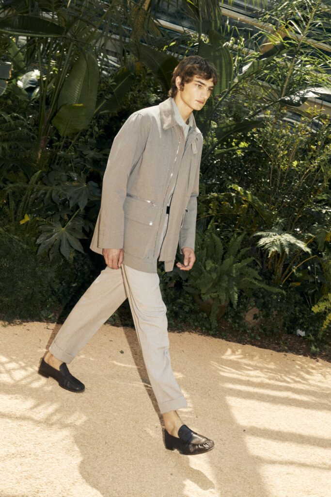 gray cotton jacket with beige pants