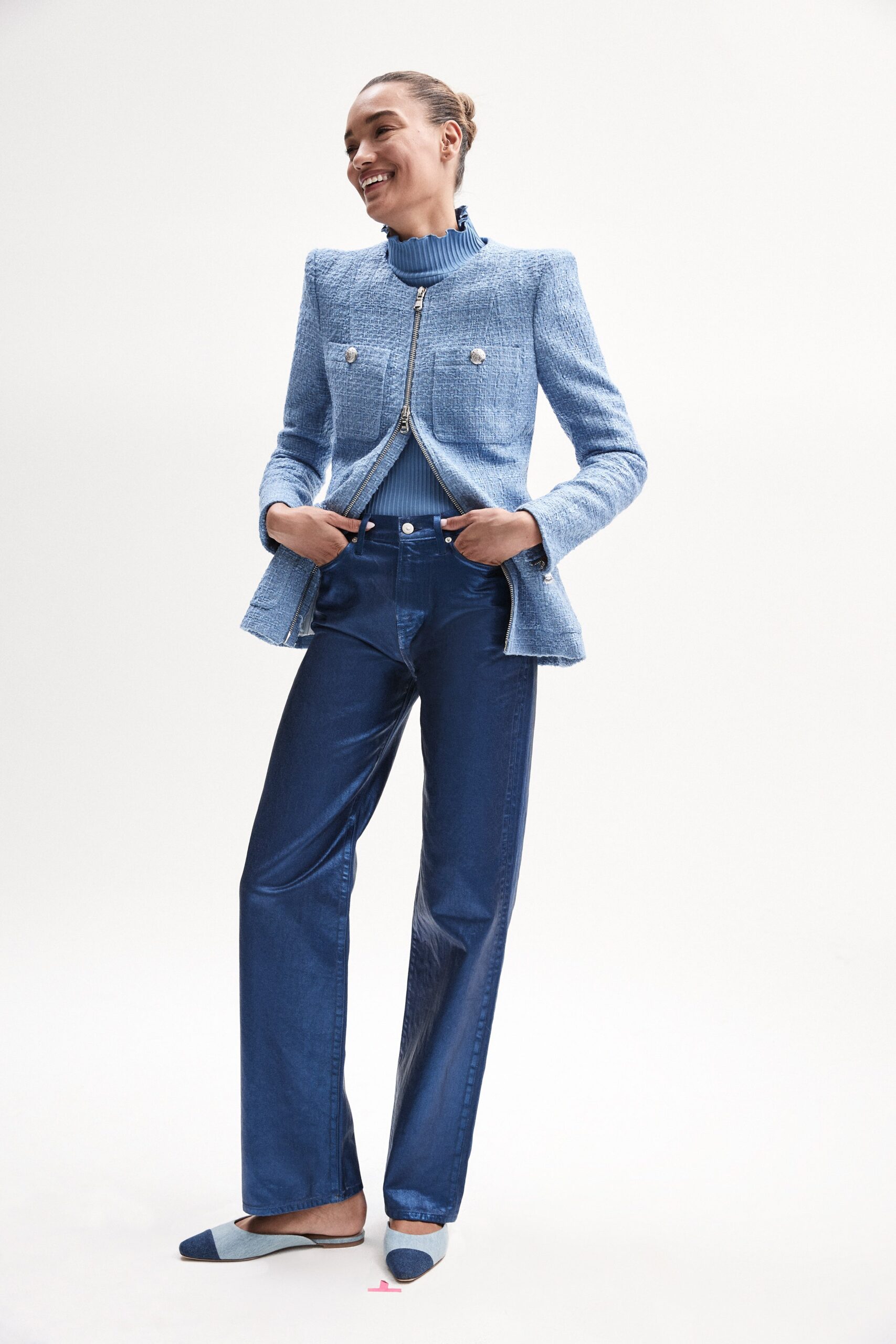 blue tweed jacket and denim pants