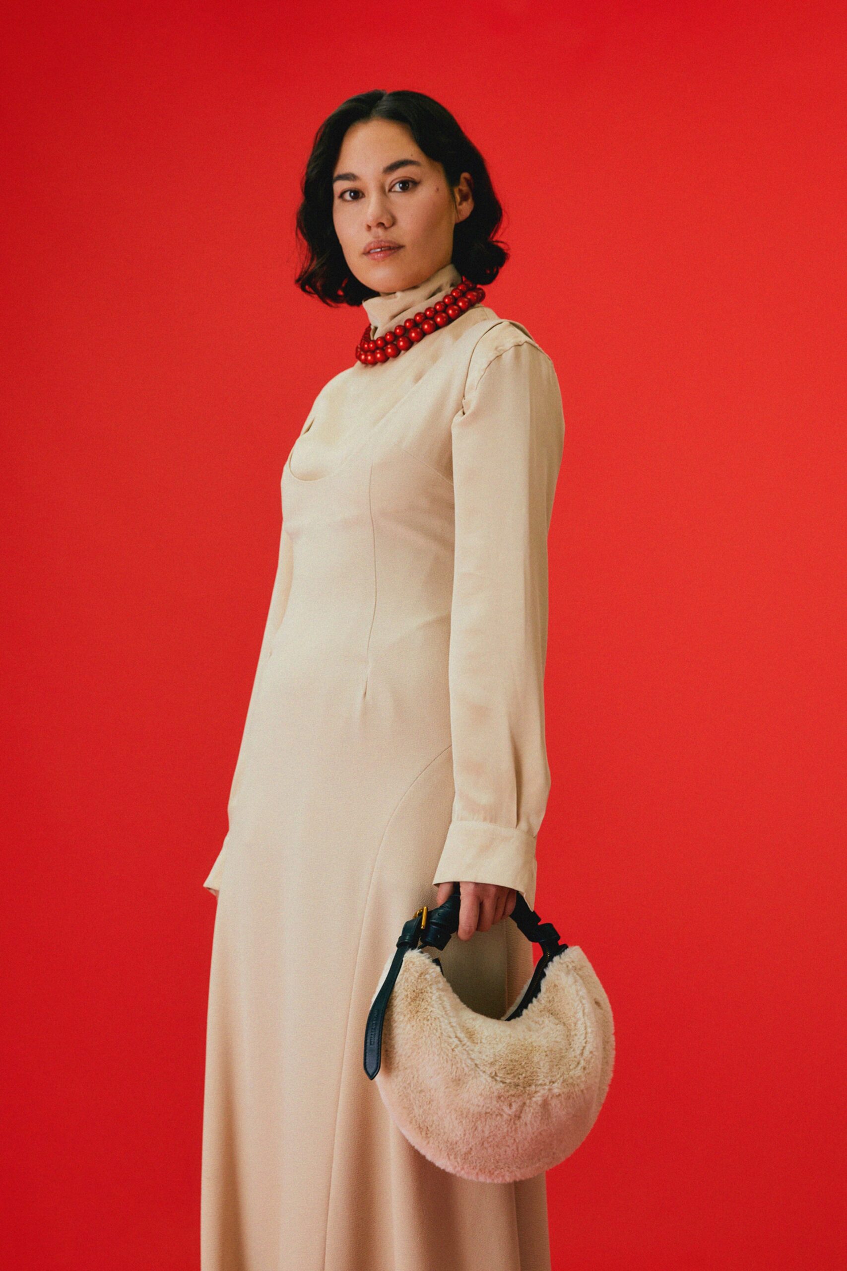 beige silk long-sleeve dress