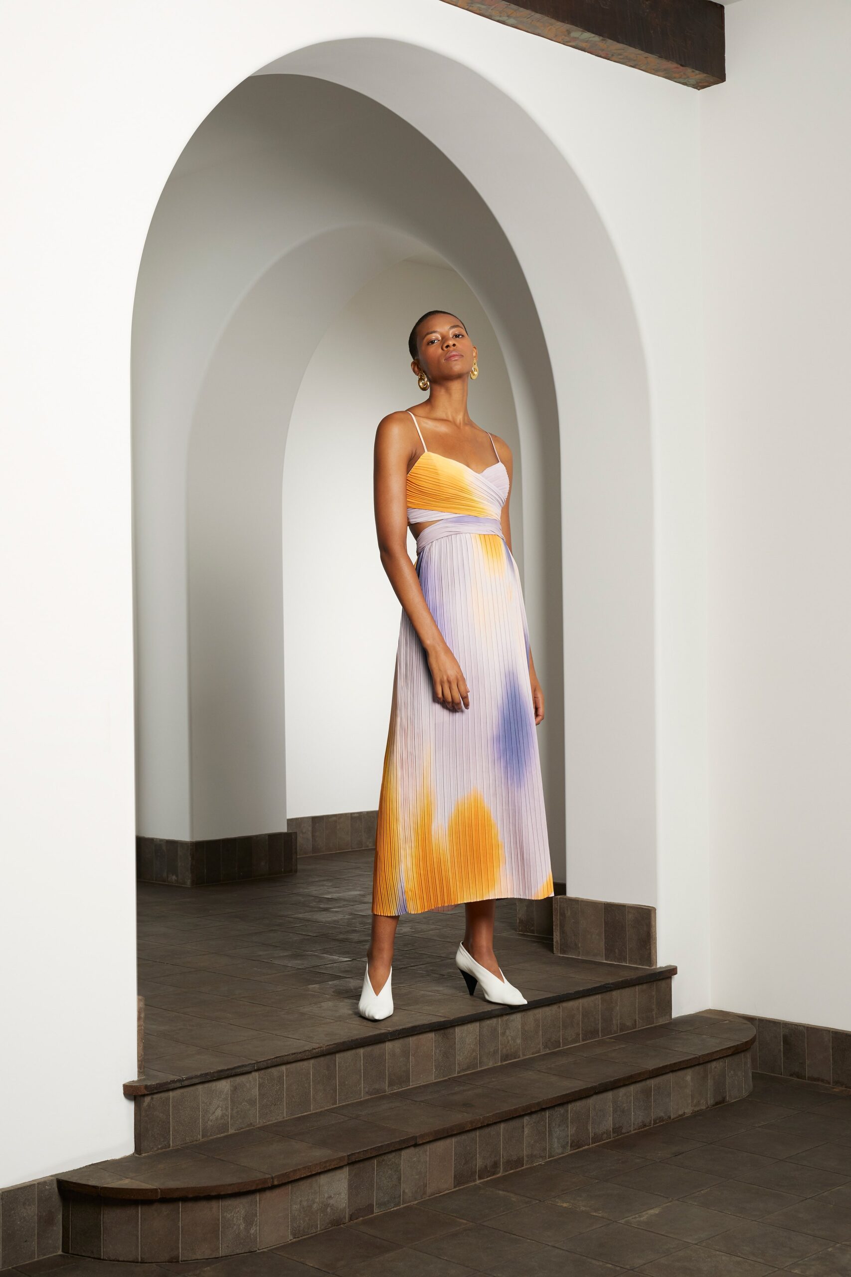 purple and orange pleated midi dress