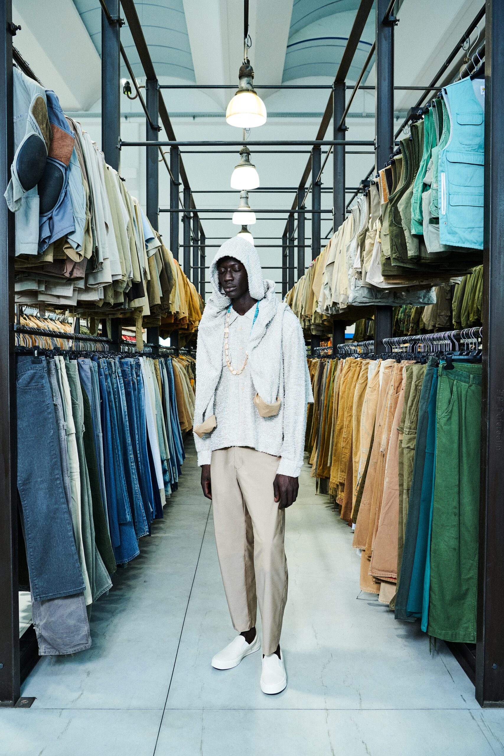 gray relaxed hoodie with beige pants