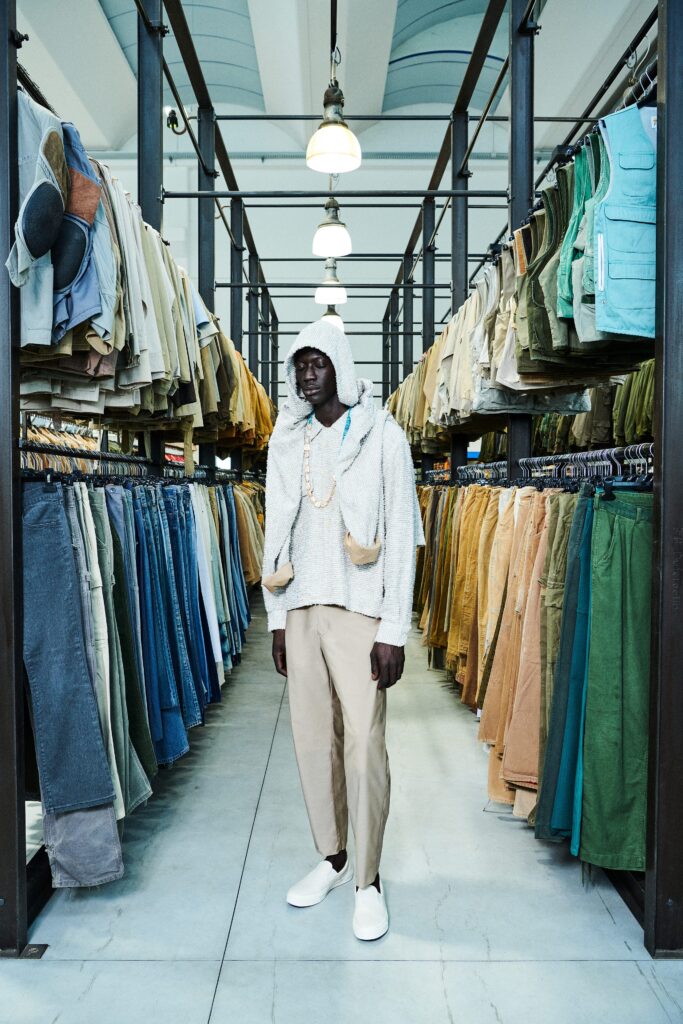 gray relaxed hoodie with beige pants