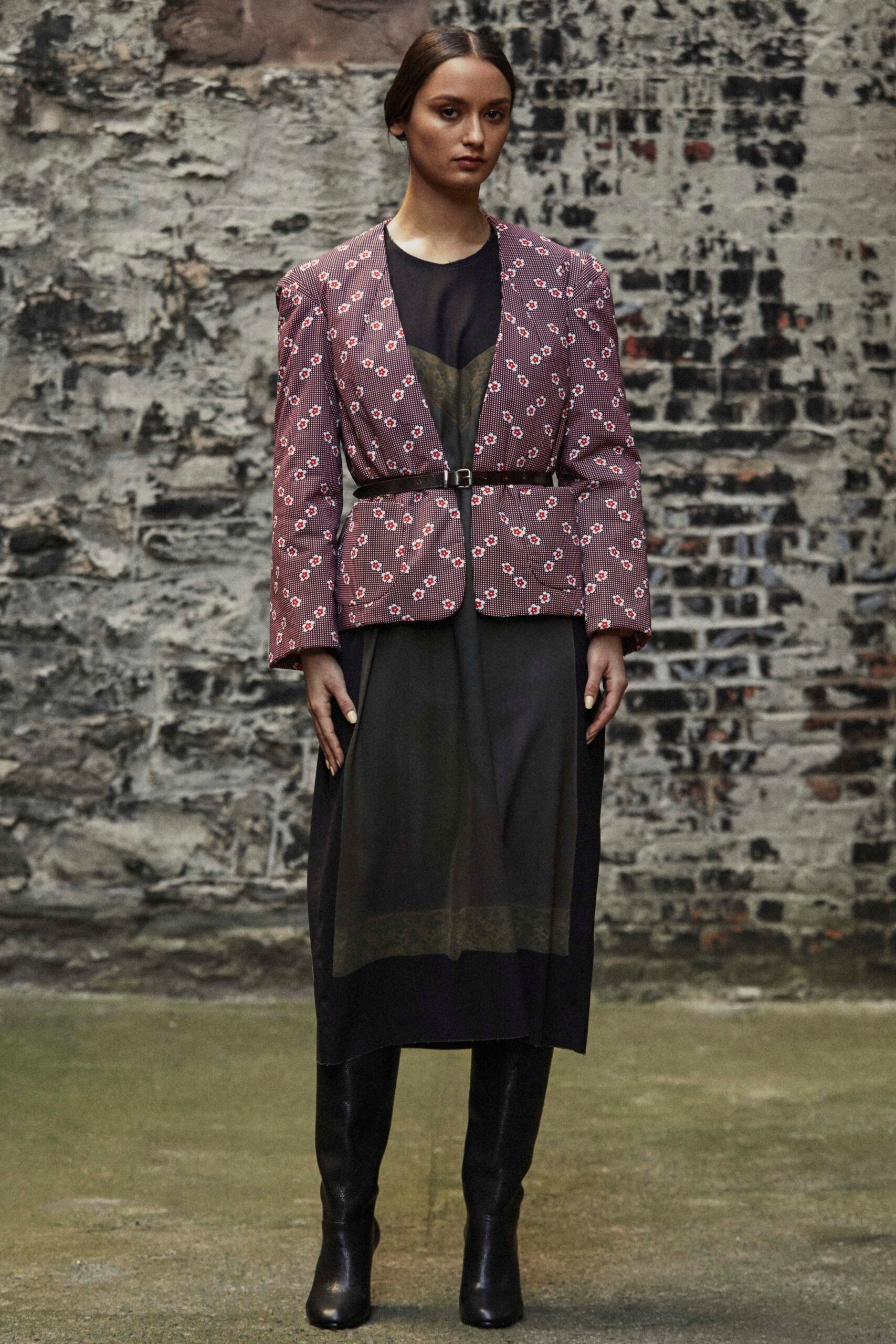 pink printed tailored blazer with black dress