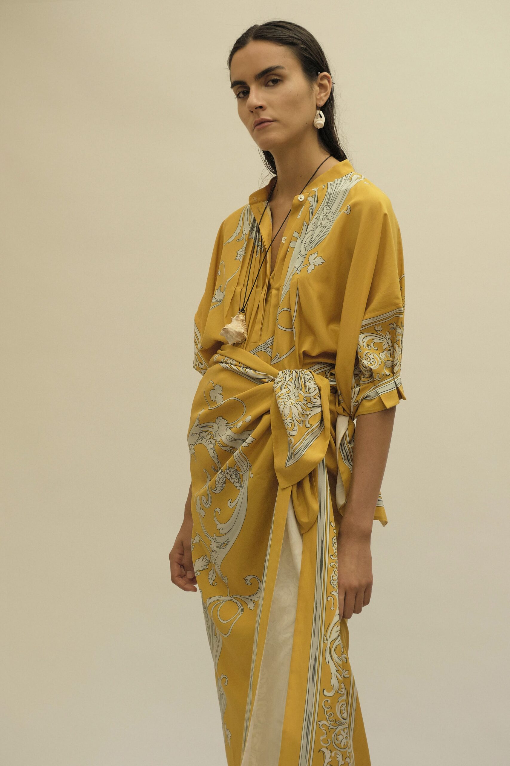 yellow printed silk midi dress