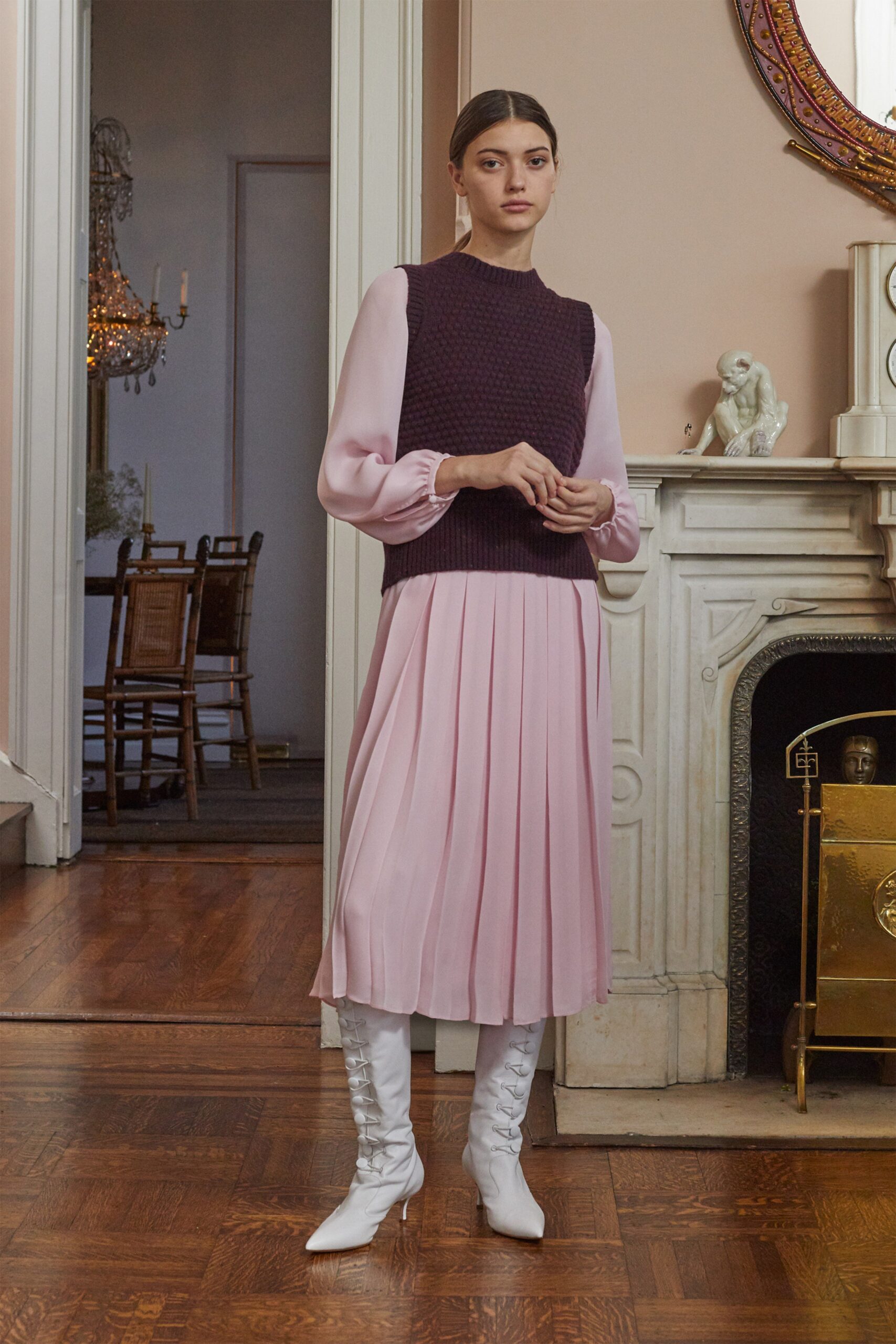 pink silk long-sleeve v-neck fitted pleated midi dress