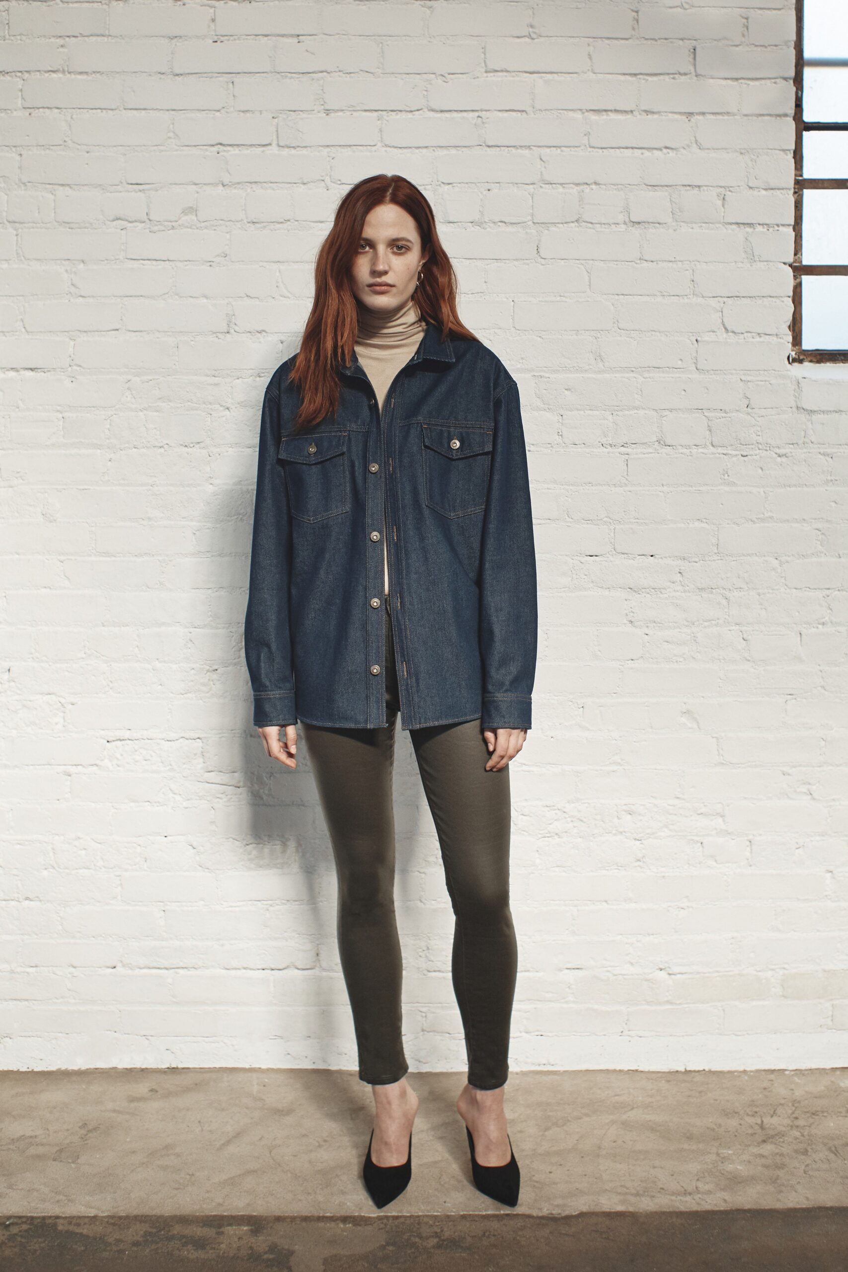 blue denim shirt with beige turtleneck
