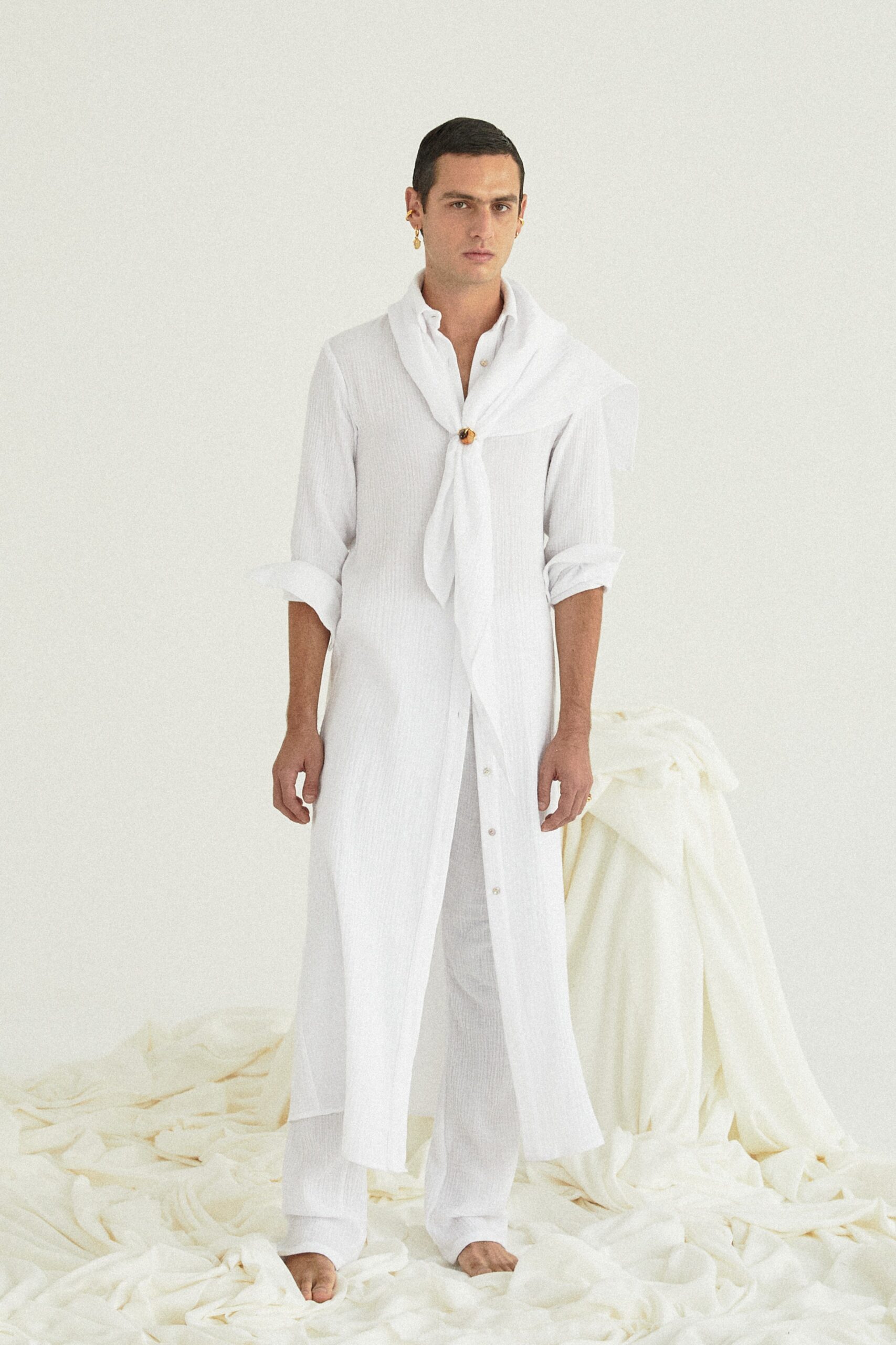 white relaxed shirt-dress and pants