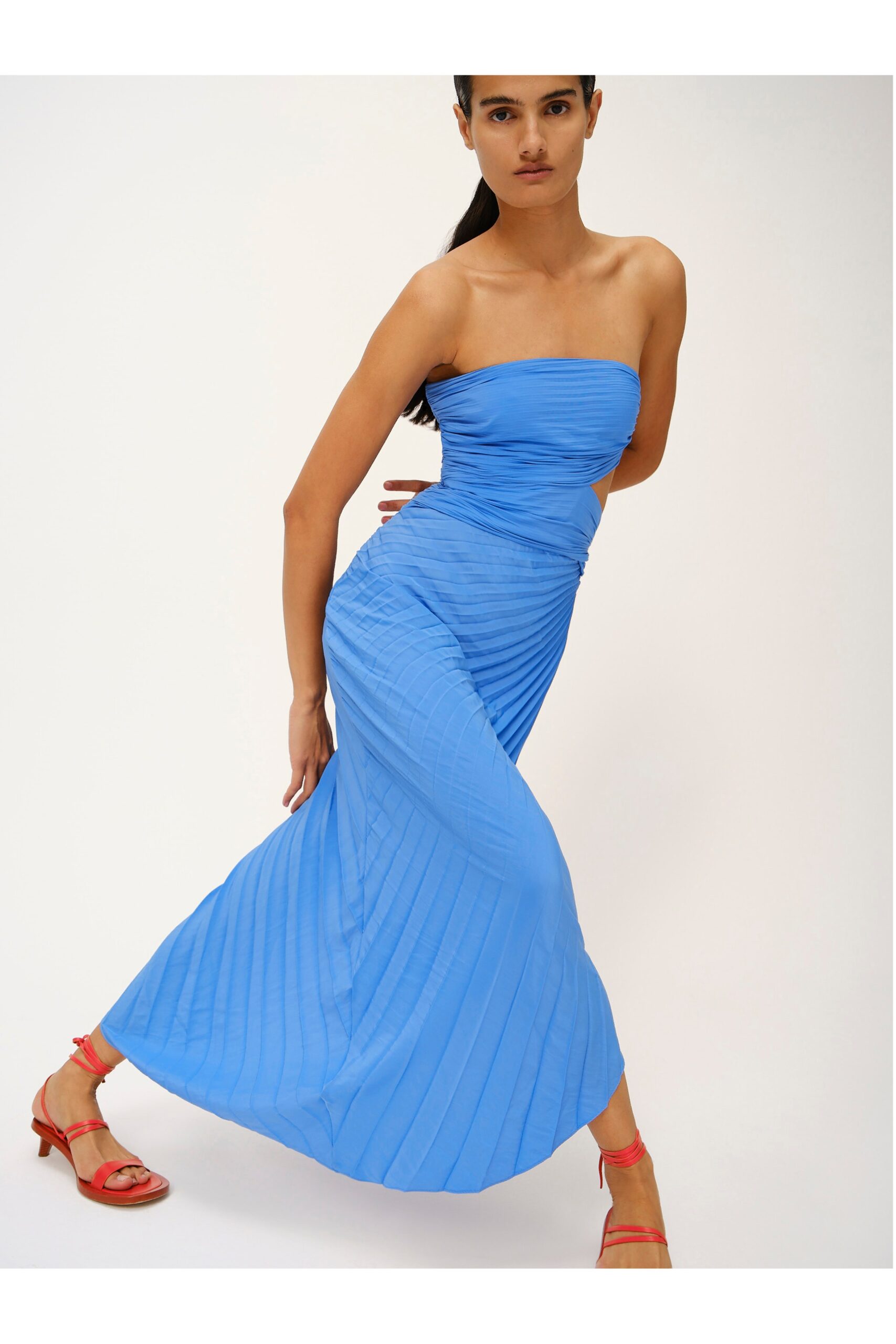 blue strapless ruched dress