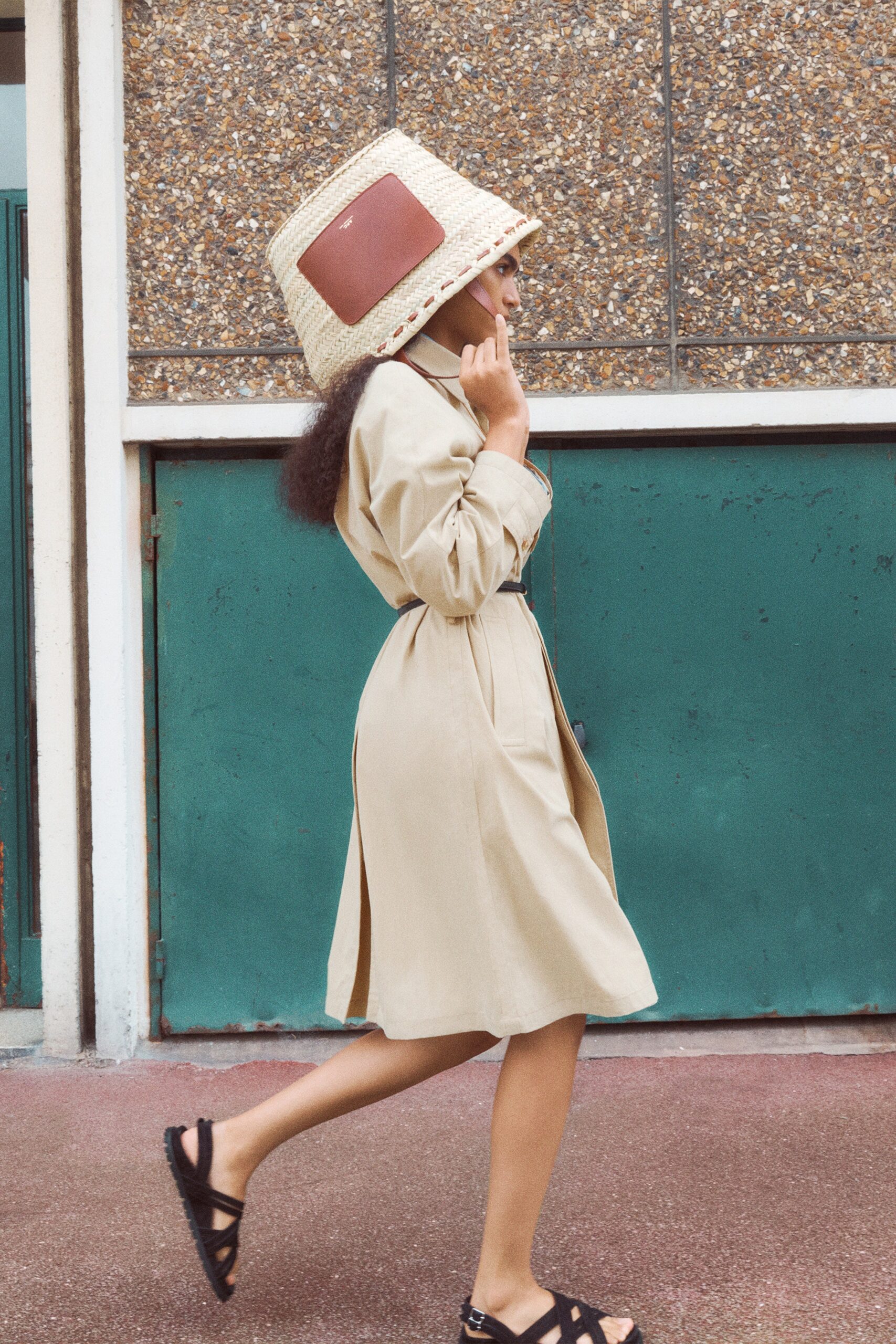 beige cotton long-sleeve collared fitted belted midi trench