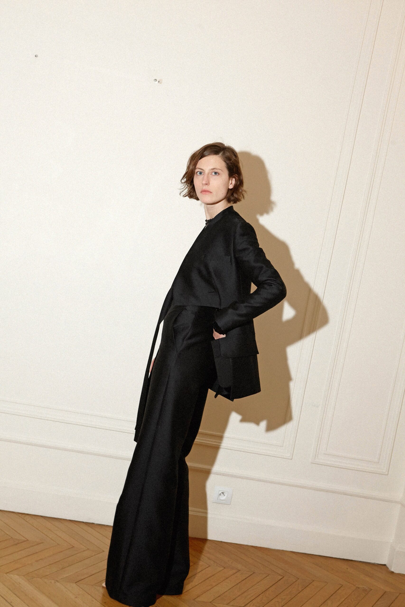 black silk fitted suit
