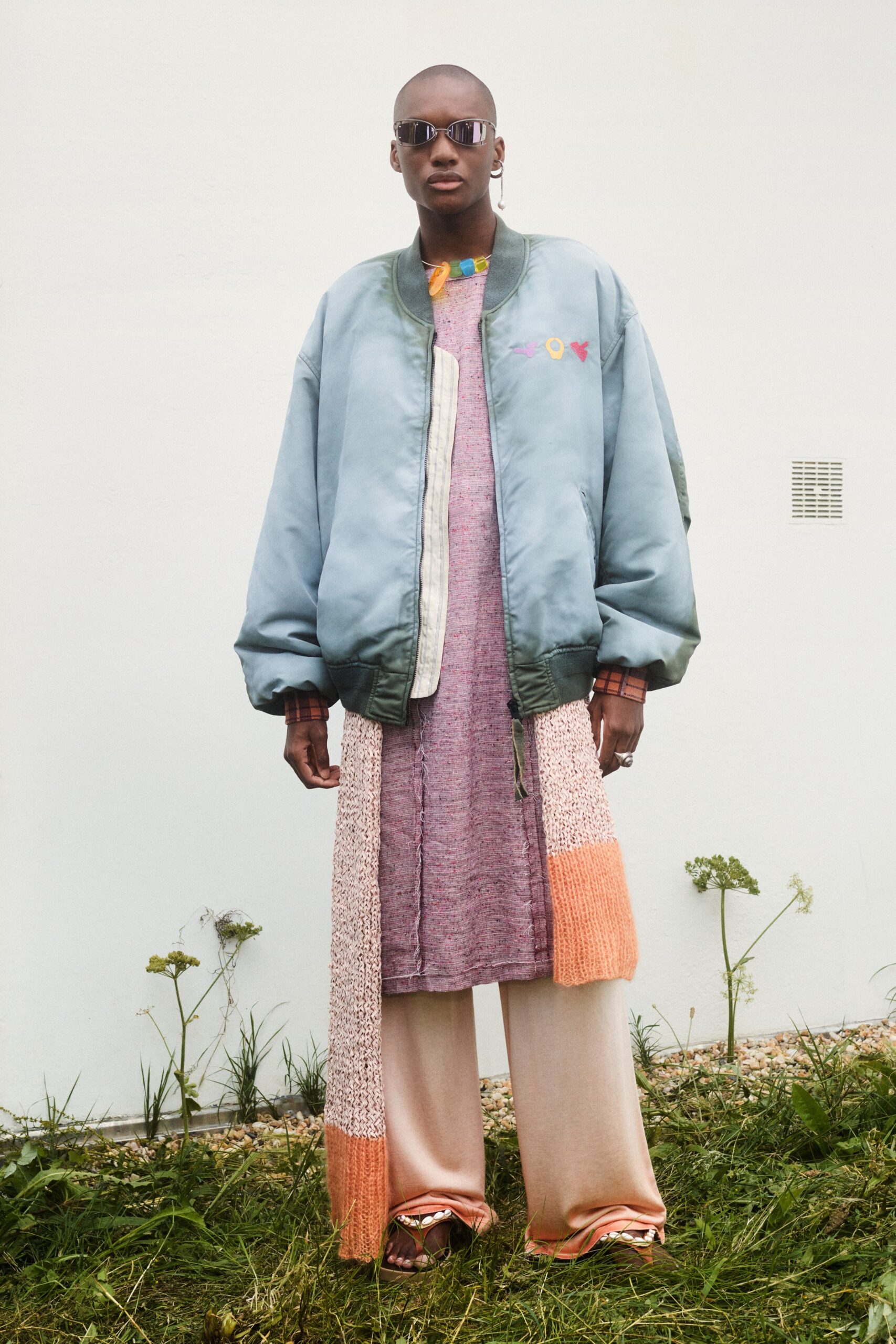green satin long-sleeve collared oversized zippered jacket