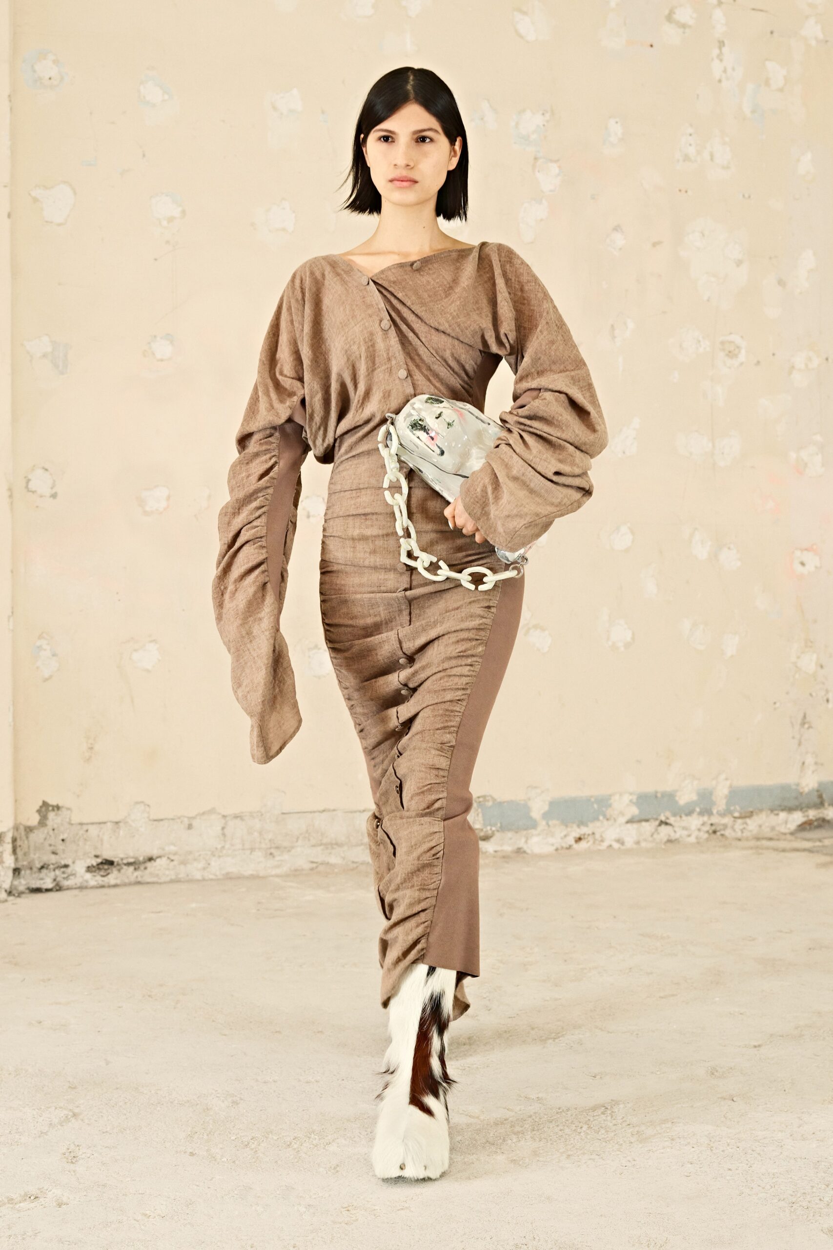 brown cotton long-sleeve v-neck fitted ruched buttoned dress
