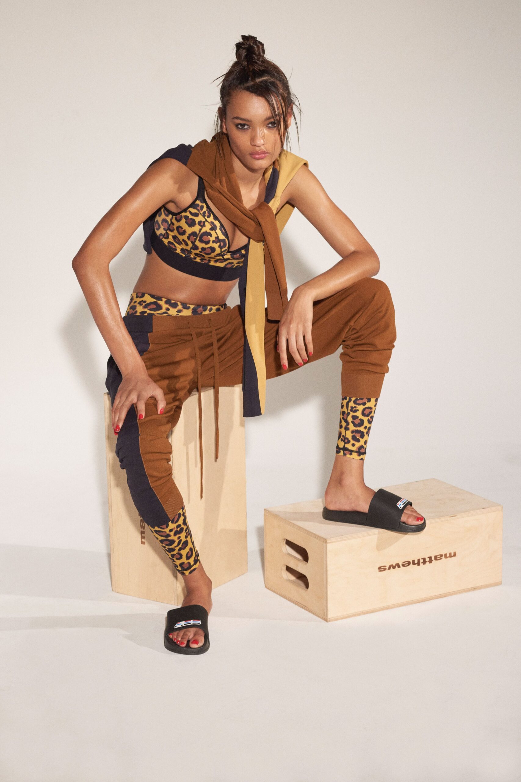 brown animal-print fitted top and pants