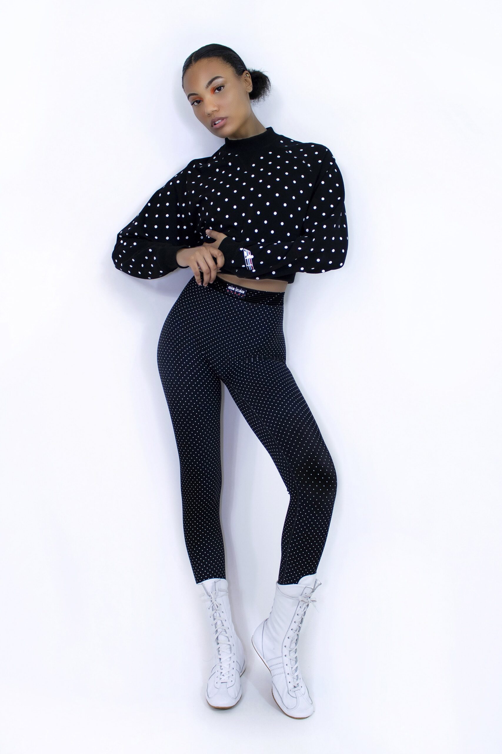 black and white polka-dot outfit