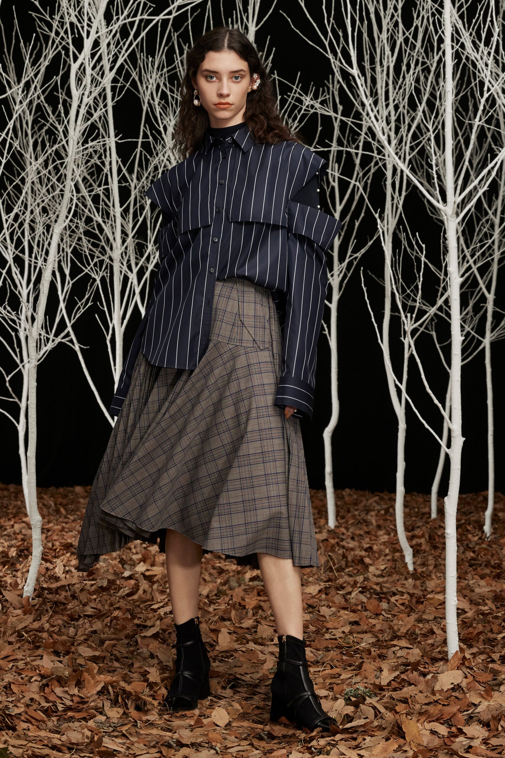 brown relaxed pleated a-line midi skirt