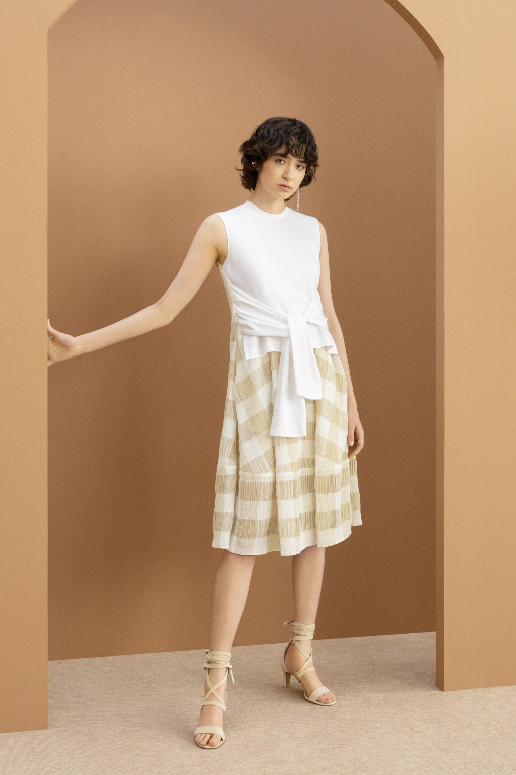 white and beige pleated midi dress