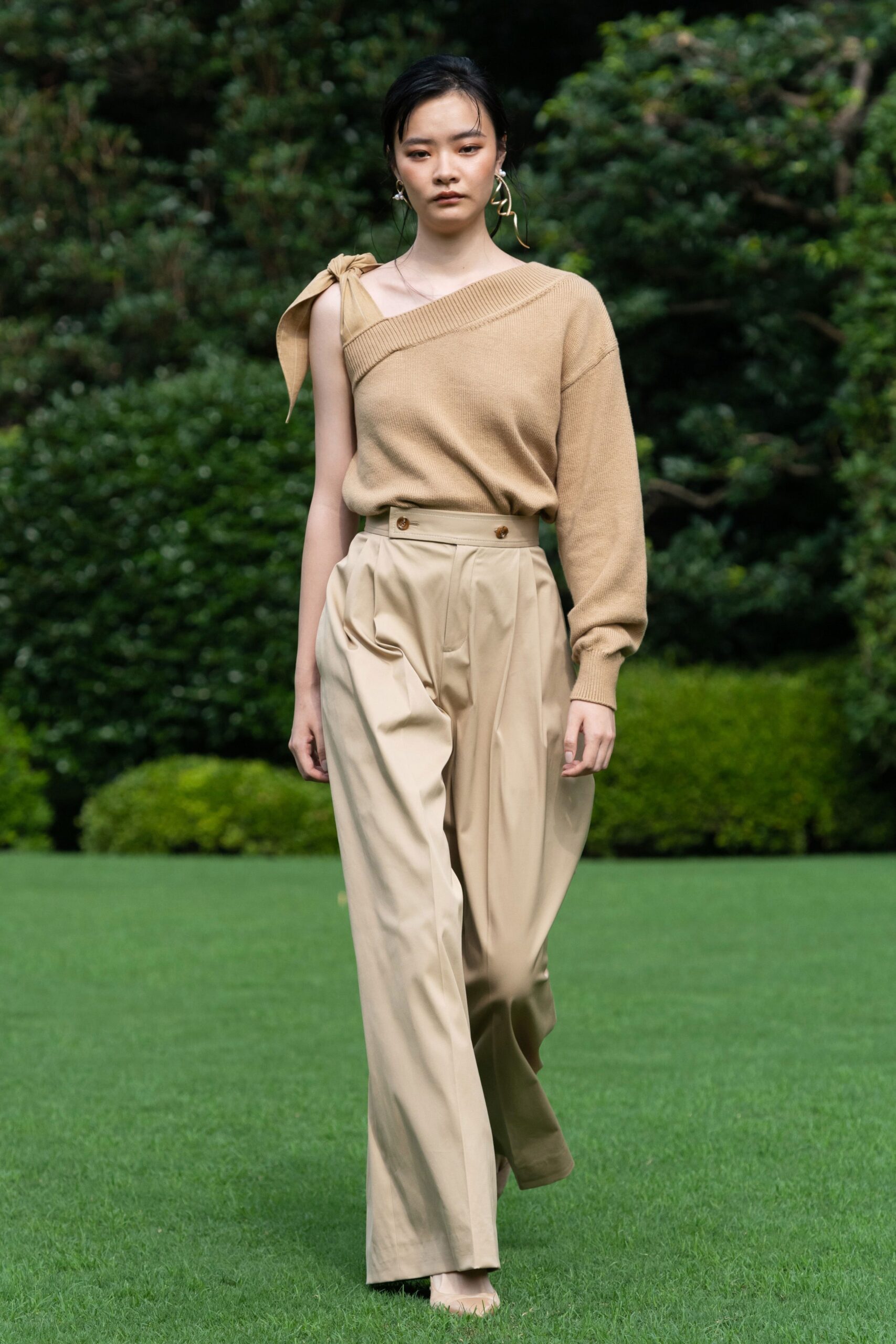 beige wool long-sleeve asymmetric relaxed layered top
