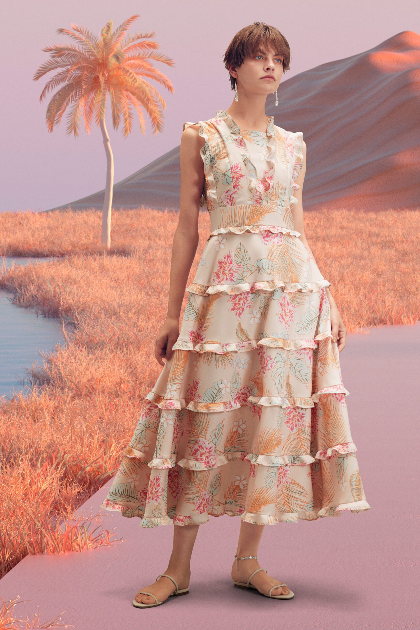 beige tiered floral maxi dress