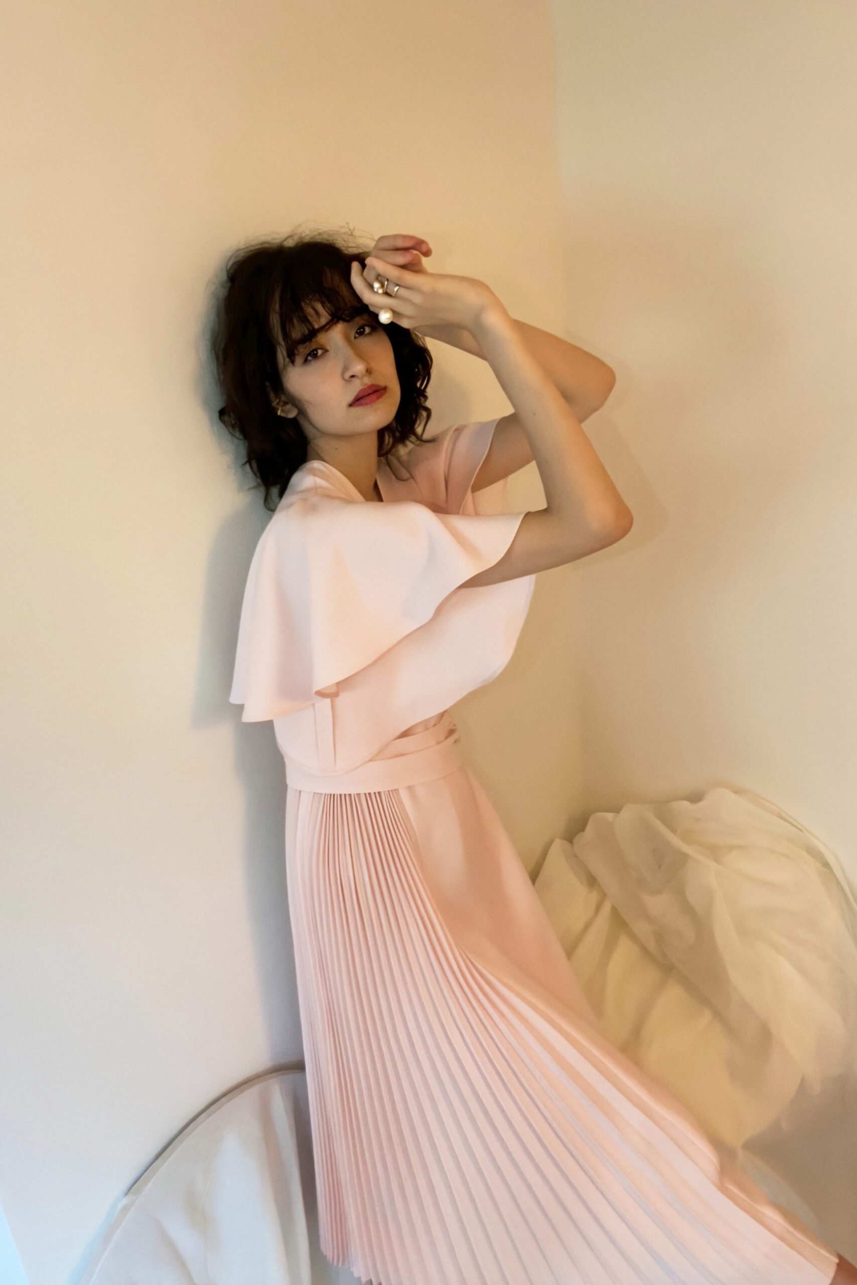 pink silk sleeveless pleated dress