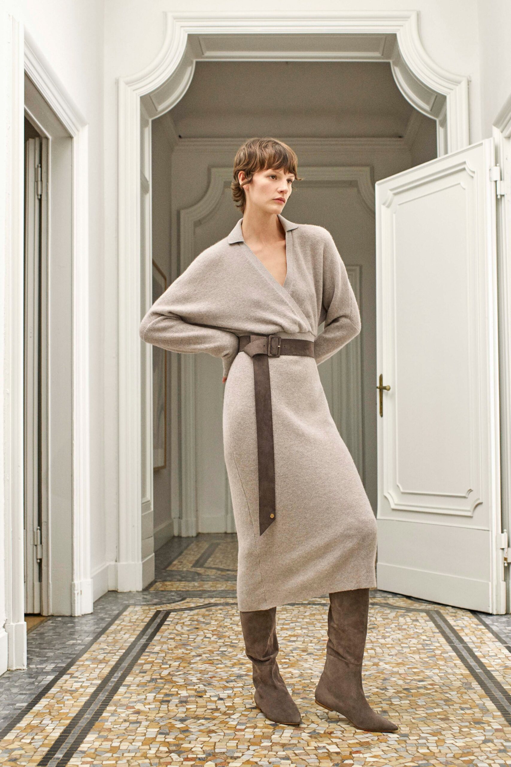 beige relaxed wool midi dress with brown boots
