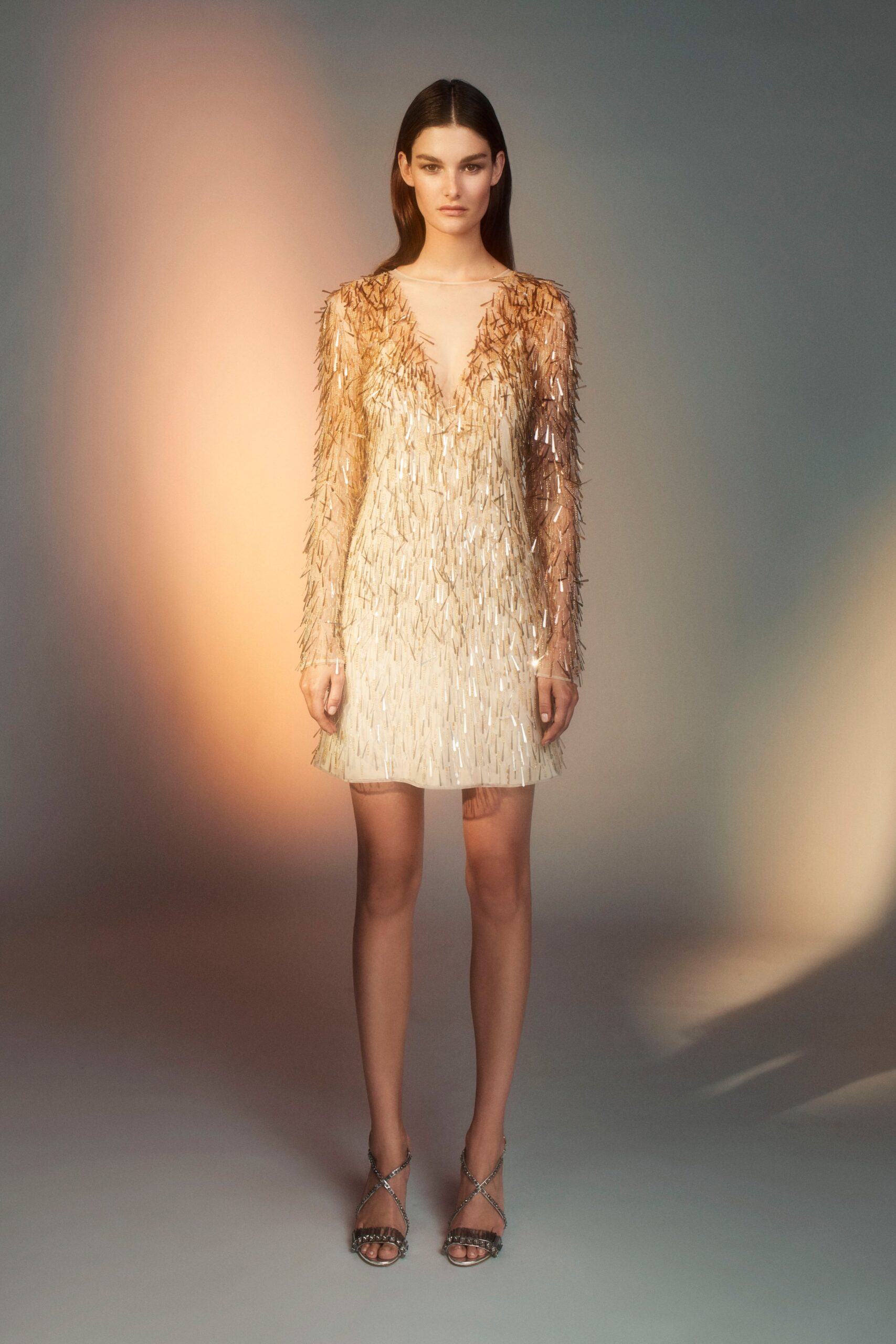 beige silk fitted fringe dress
